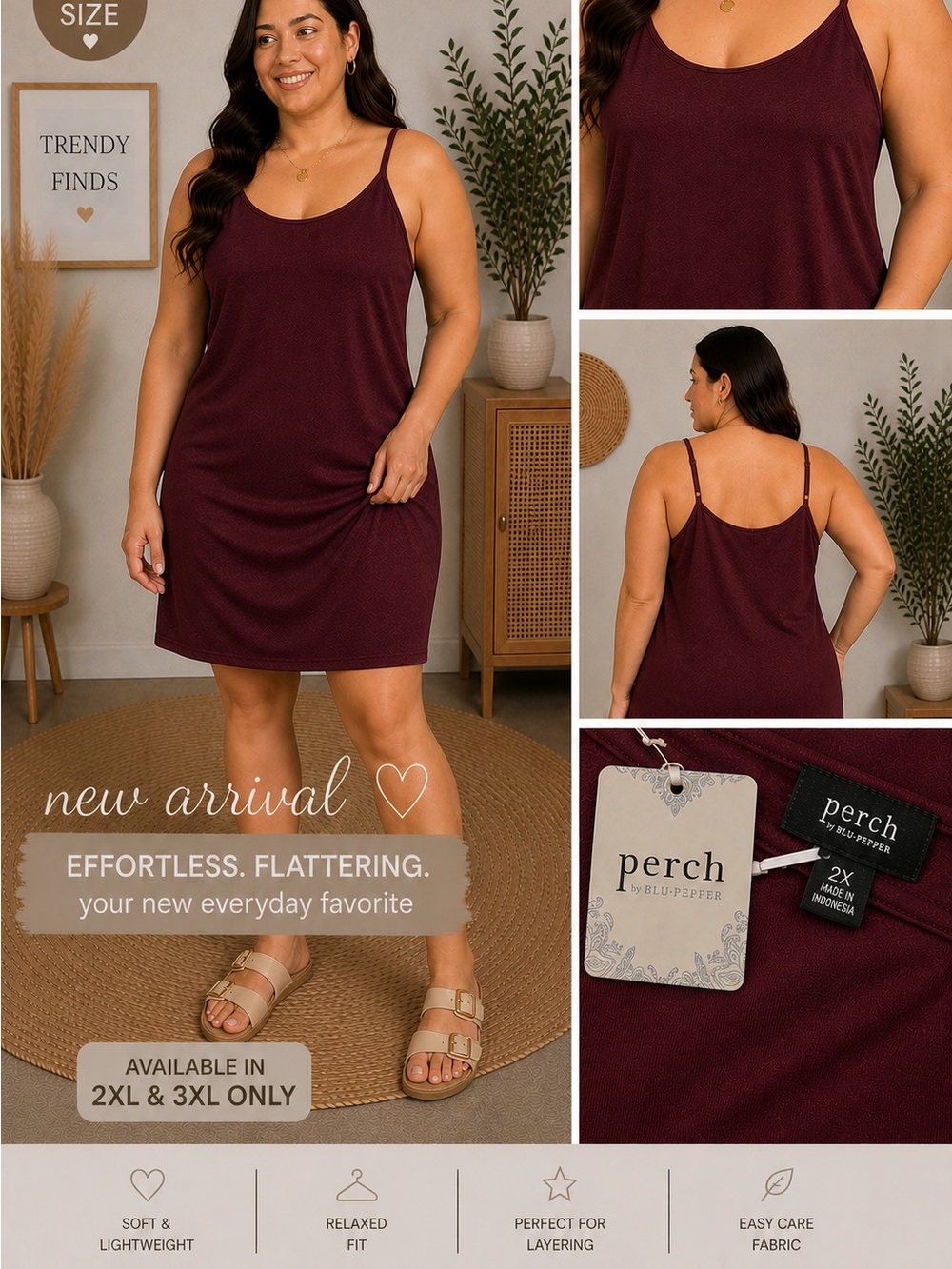 NEW Perch by Blu Pepper Burgundy Slip Chemise - 2X and 3X